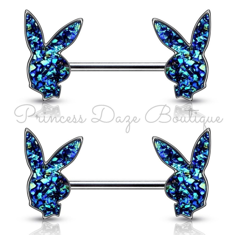 Playboy Black/Blue Druzy Stone Barbell Nipple‎ Ring